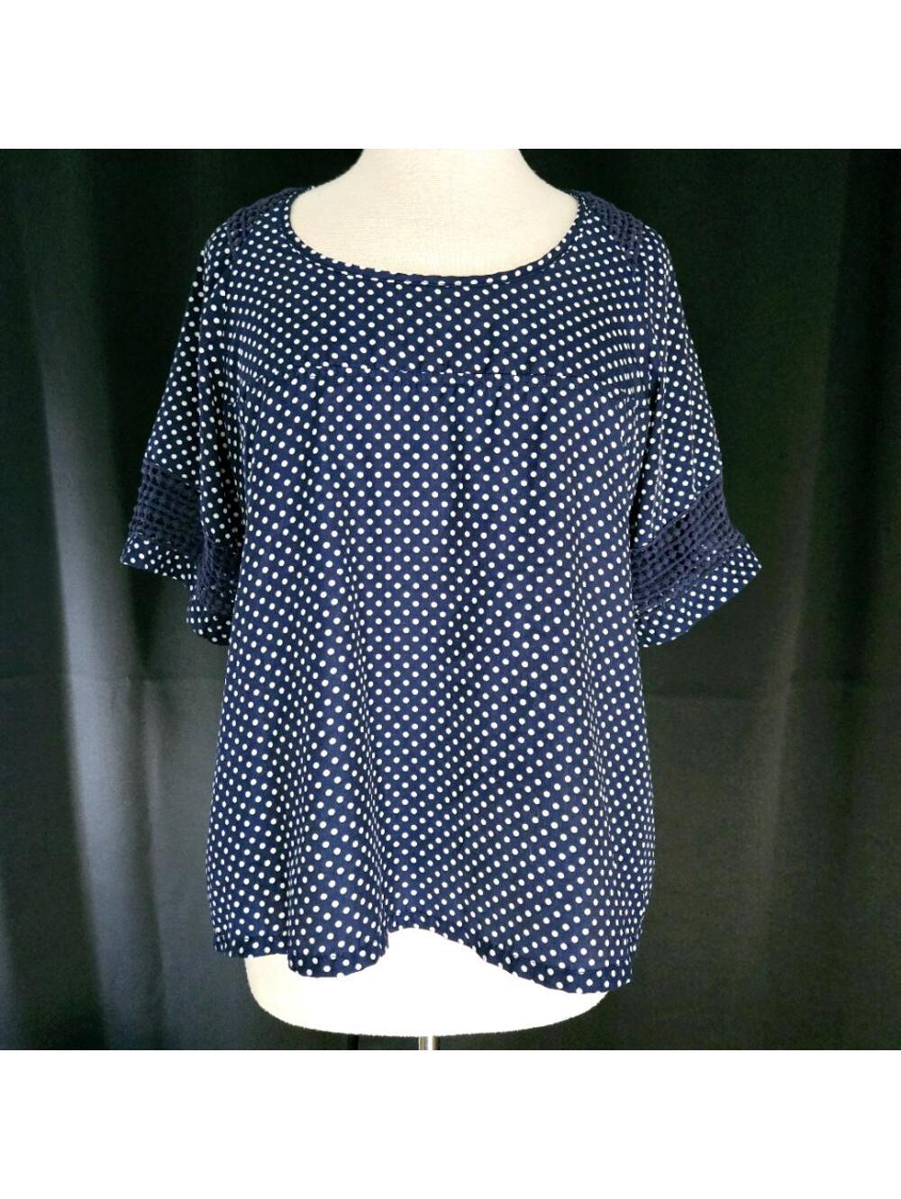 DownEast Navy Blue Polka Dot Blouse Size Medium